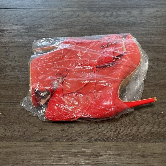 NWT BURJU Under The Influence Open Toe Lace Up Buckle Ankle Boots | Red 11 - Picture 2 of 9